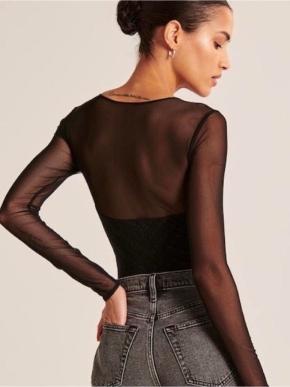 Black Sheer Long-Sleeve Bodysuit Top